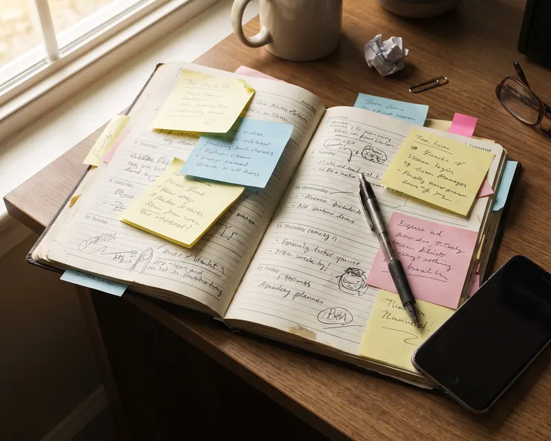 Agenda ouvert, saturé de rendez-vous et de notes autocollantes