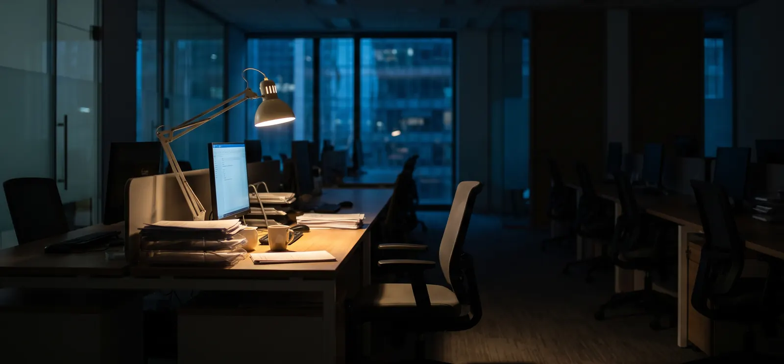 Bureau désert le soir, une lampe et un écran encore allumés