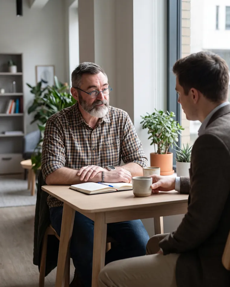 Séance de coaching individuel, carnet ouvert entre les deux personnes